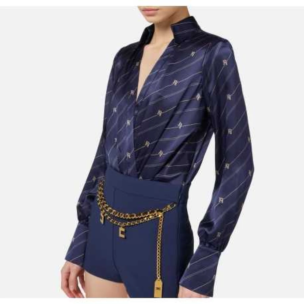 Elisabetta Franchi Navy Gestreepte Zijden Bodysuit Blouse Blue Dames