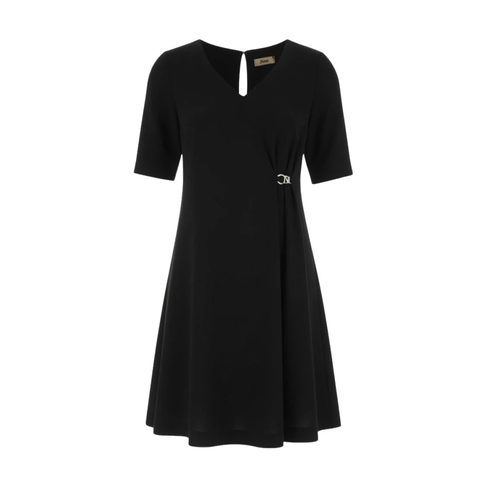 Herno Vrouw Zwart Kleedjes Dames, Xl, Midi Jurk Met V-Hals En Zijgesp