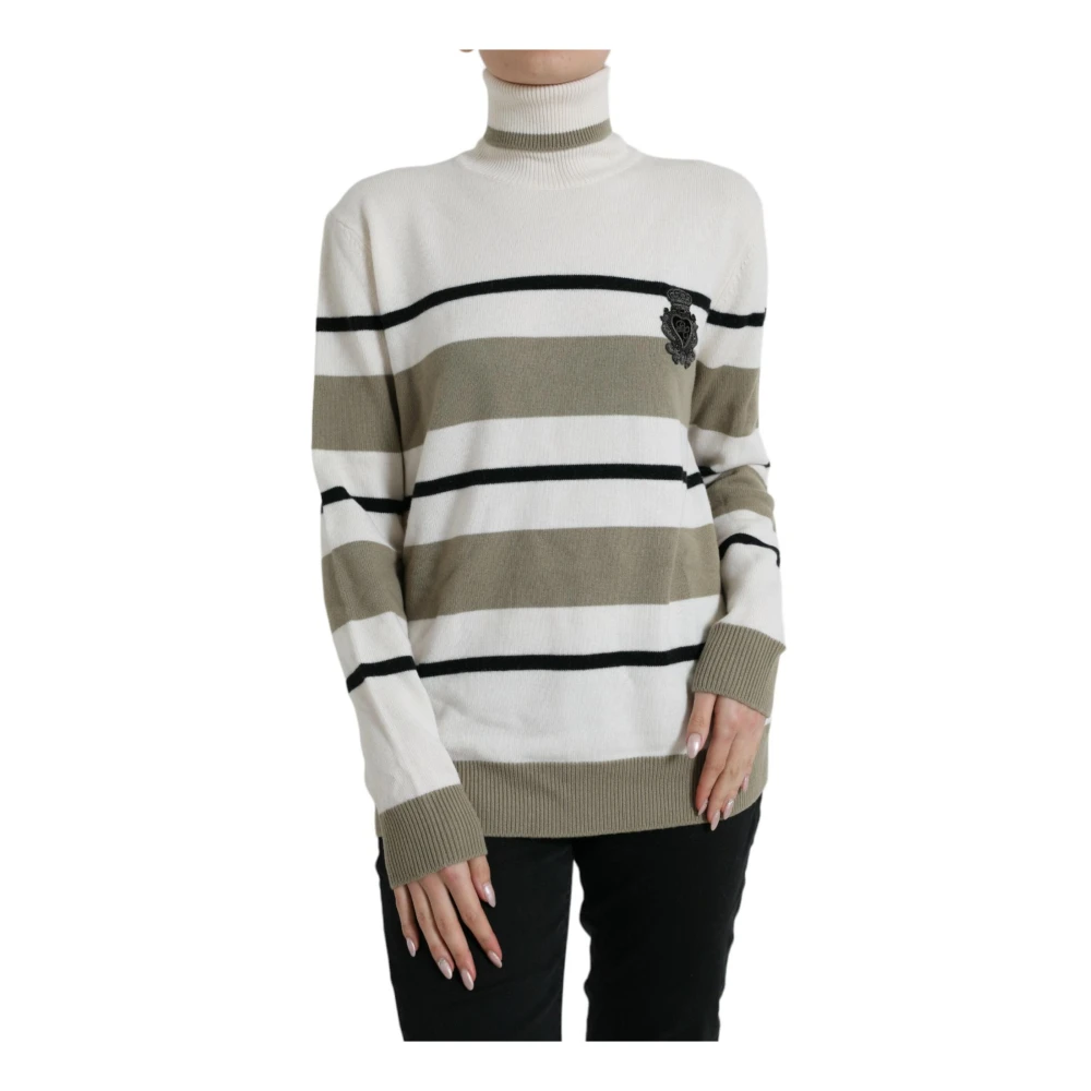 Dolce & Gabbana Women's Multicolor Turtlenecks, L, Striped Wool Logo Pullover Jumper