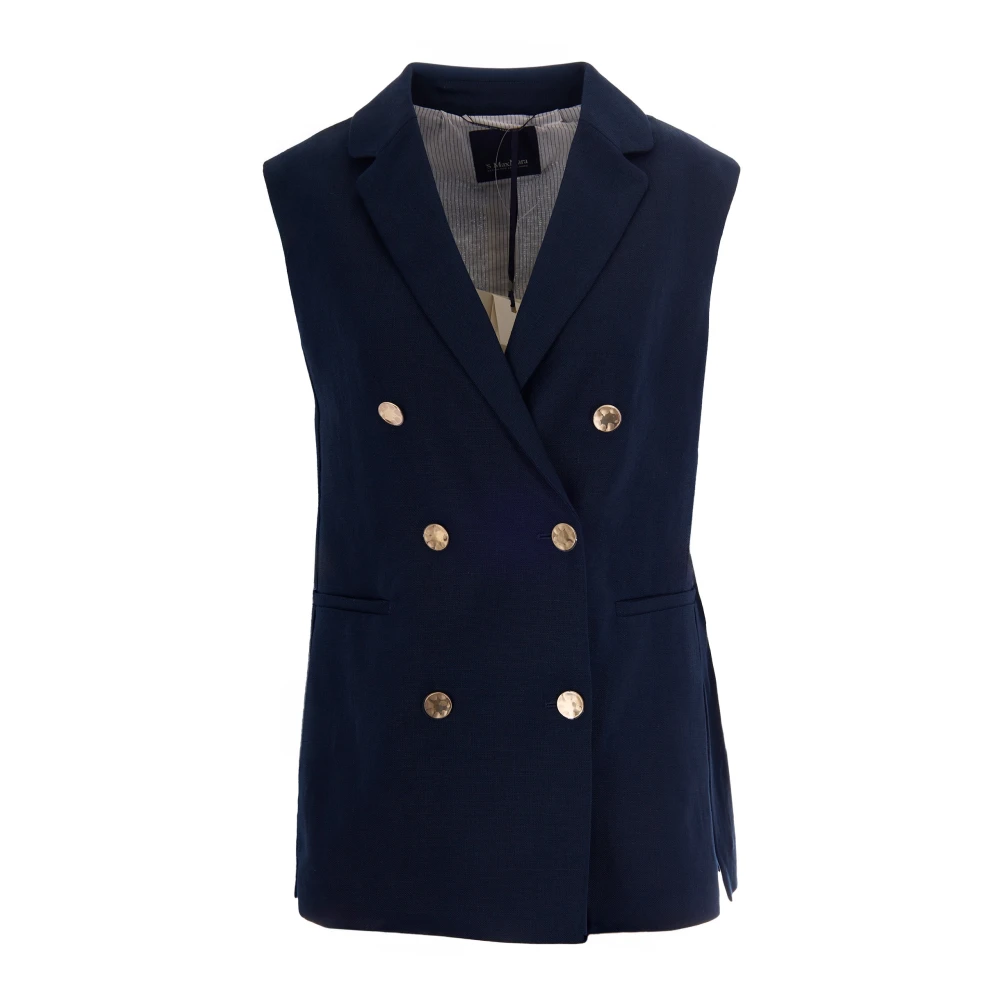 Max Mara Studio Linen Gilet - Female - Waistcoats - Blue - Xs - Jackets