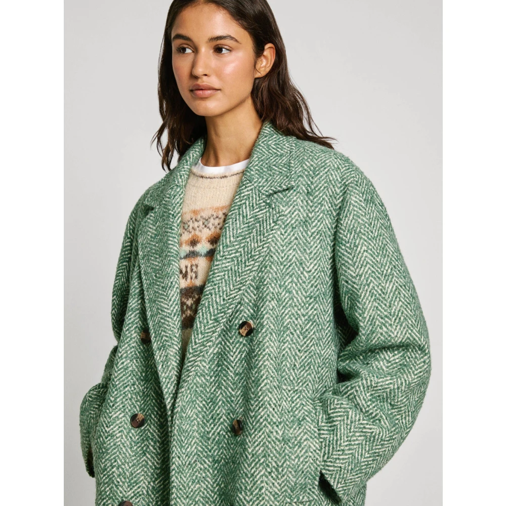 Pepe Jeans Groene Wollen Blend Double-Breasted Jas Green Dames