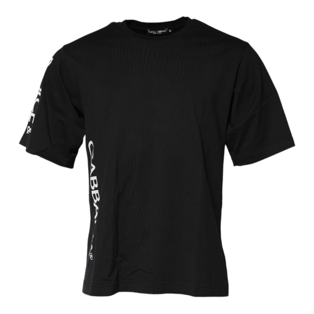 Dolce & Gabbana Black T-Shirts, Male, S, Logo Print Cotton Crew Neck T-Shirt