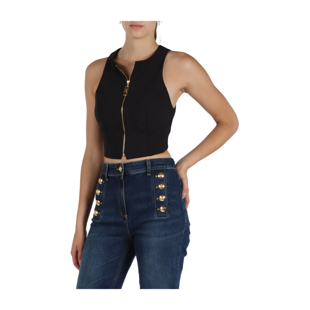 Elisabetta Franchi Cropped Zip Top in Doppio Crepe Black Dames