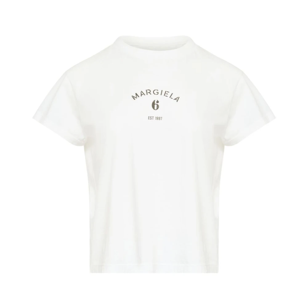 Mm6 Maison Margiela Vrouw Wit Tops Dames, M, Katoen, Logo Katoenen T-Shirt