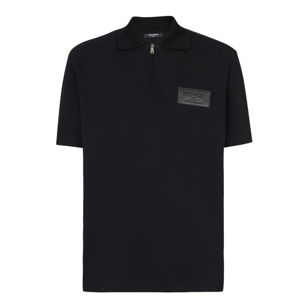 Balmain Katoenen poloshirt met leren Couture-label Black Heren