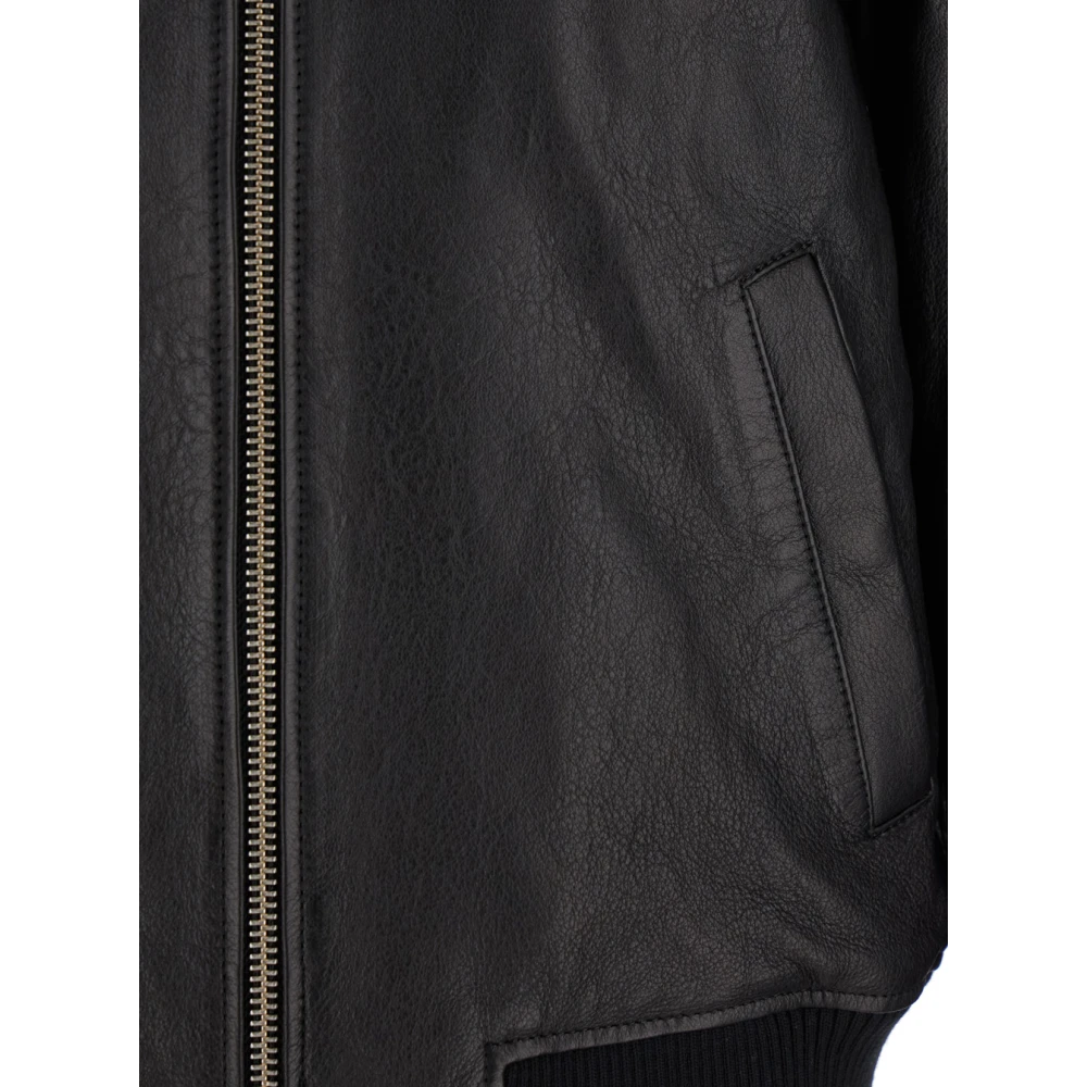 Ami Paris Zwarte leren jas met klassieke kraag Black Heren