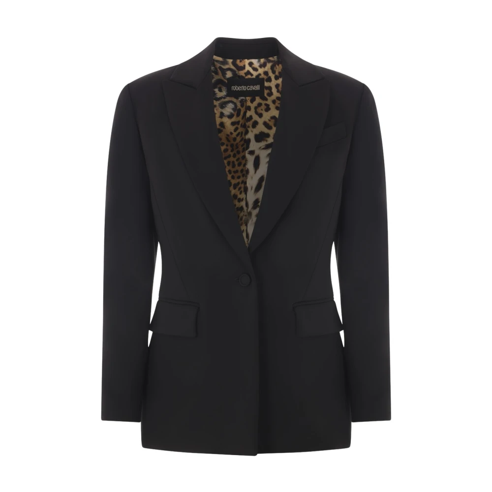 Roberto Cavalli Single-Button Jas met Luipaardprint Voering Black Dames