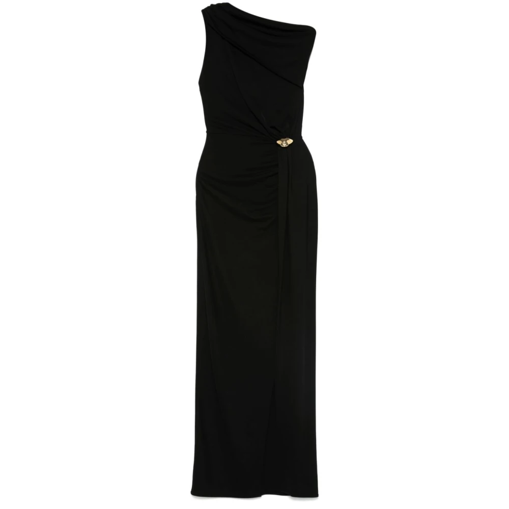 Elisabetta Franchi Zwarte Gedrapeerde Logo Detail Jurk Black Dames