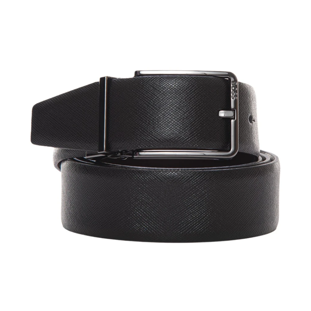 Boss Leren riem met dubbele gesp Black Heren