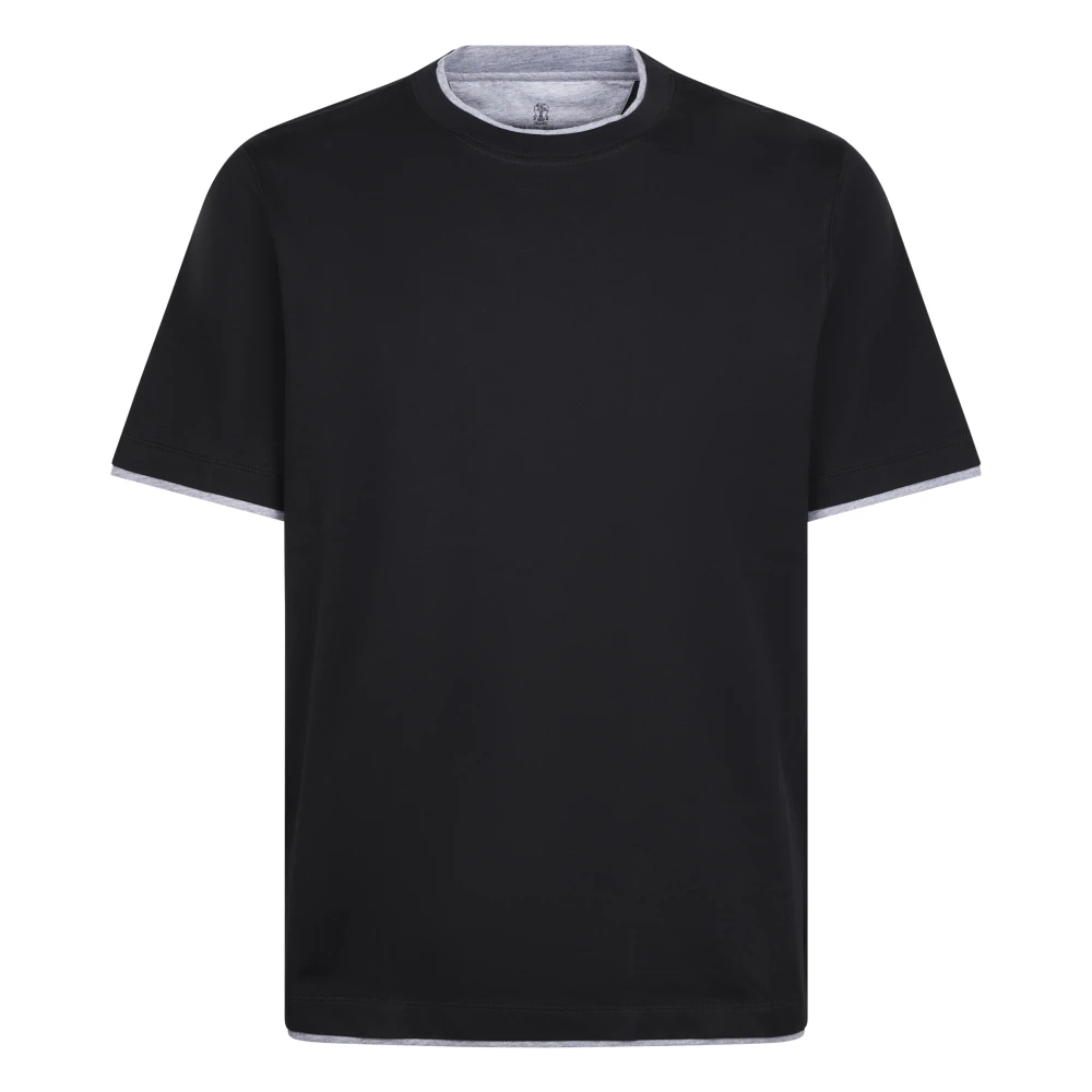 Brunello Cucinelli Men's Black Crew Neck T-Shirt With Faux-Layering