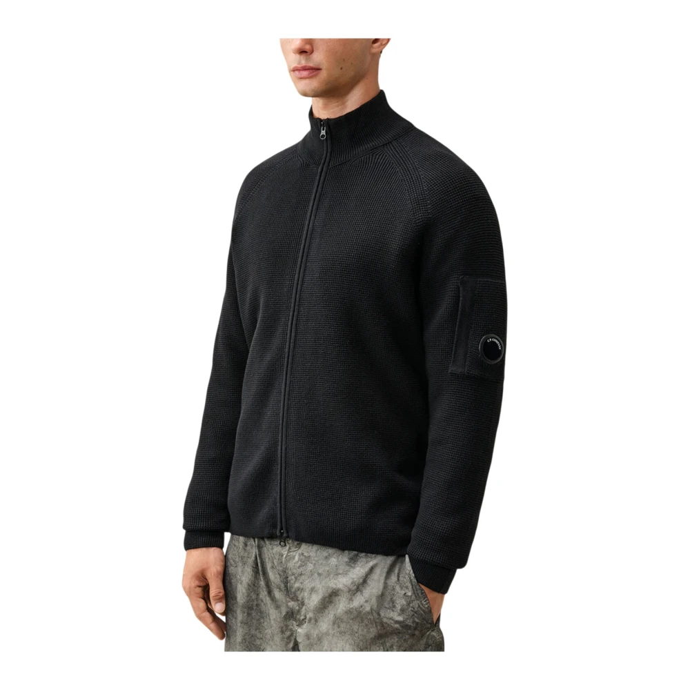 C.p. Company Waffle Knit Cotton Zip Lens Cardigan - Male - Cardigans - Black - M - Knitwear