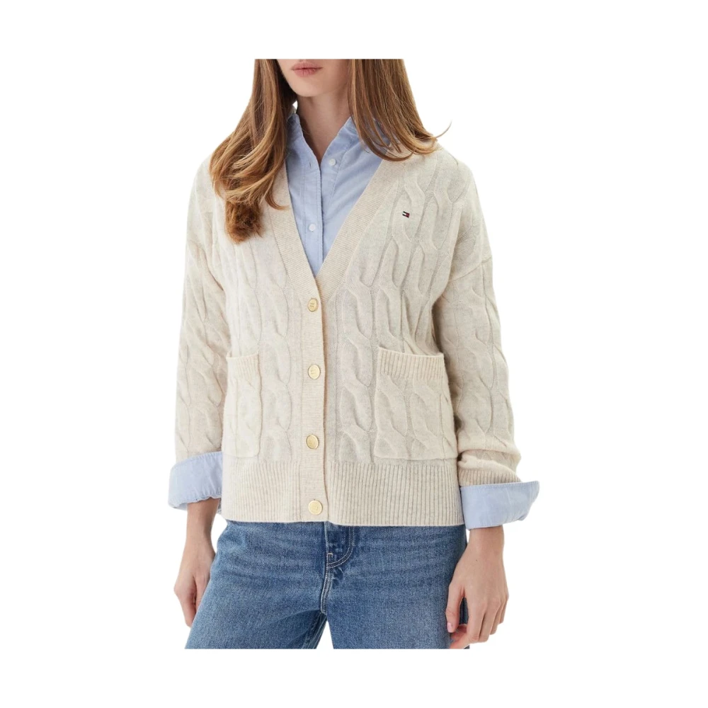 Tommy Hilfiger Women's Beige Cable V-Neck Oversized Cardigan - Cardigans - S - Knitwear