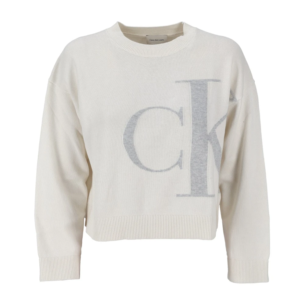 Calvin Klein Women's White Crew Neck Jumper - Round-Neck Knitwear - S - Knitwear