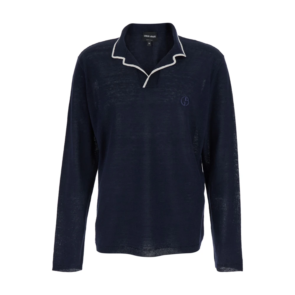 Giorgio Armani Mannelijk Blauw Gebreide Polo Shirt Van Linnen En Zijde