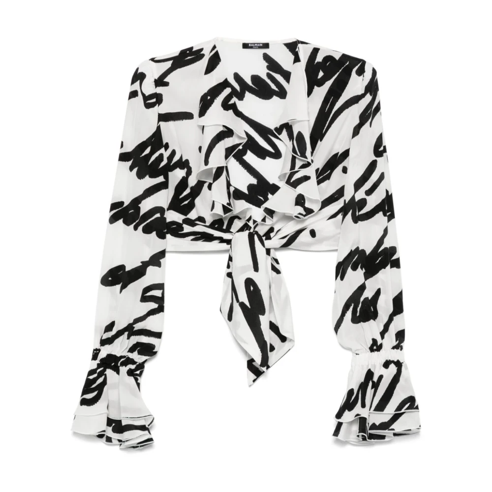 Balmain Zwarte Gerimpelde Blouse met Voorkantstrik Black Dames