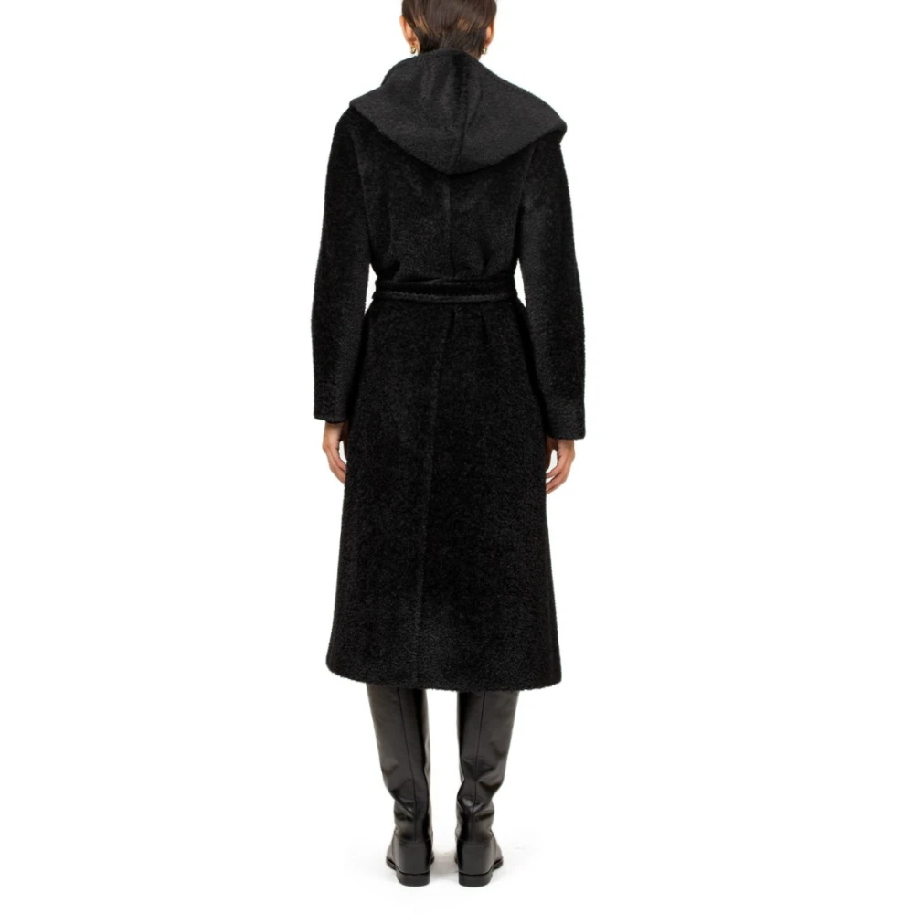 Max Mara Studio Lange Zwarte Alpaca Wollen Jas met Capuchon Black Dames