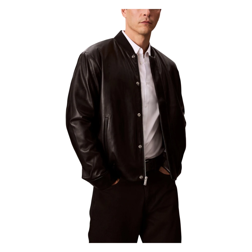 Calvin Klein Jeans Men's Black Faux Leather Bomber Jacket