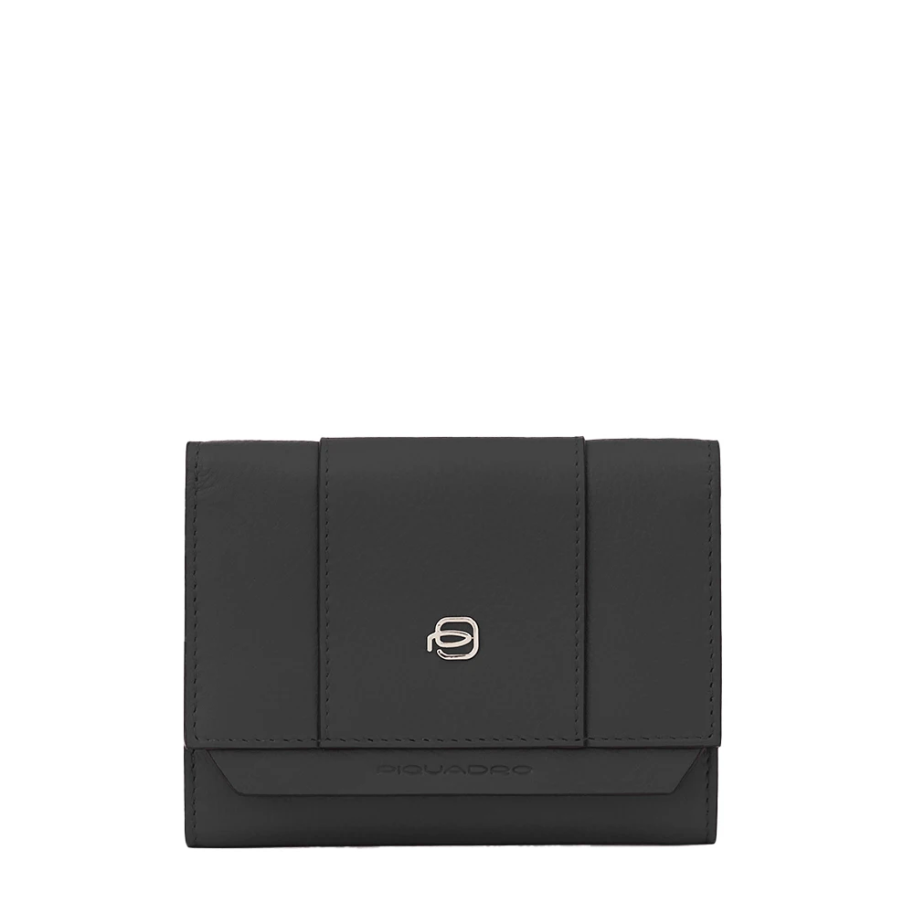 Piquadro Femme Noir Accessoires, Taille: One Size Portefeuille À 3 Volets En Cuir Avec Porte-Cartes De Crédit Et Protection Rfid, Petit Format