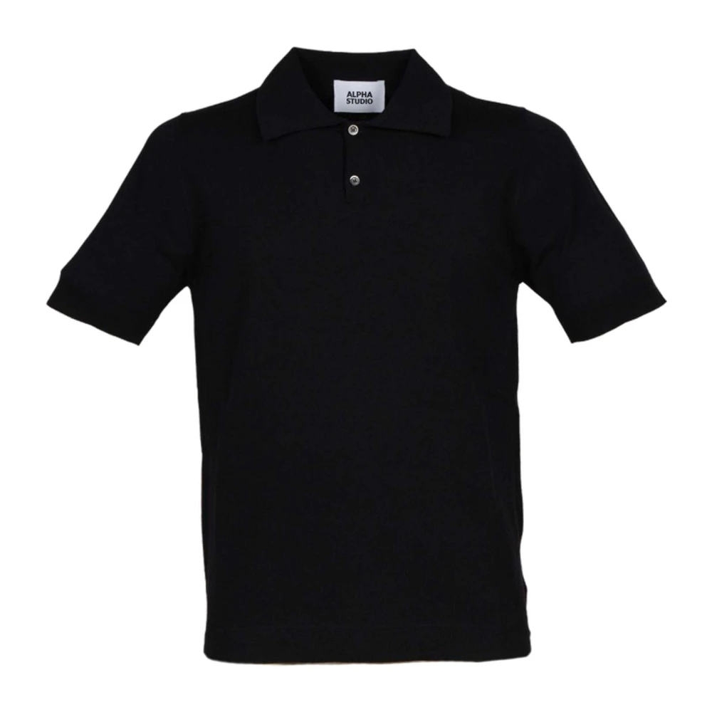 Alpha Studio Zwarte Crepe Katoenen Polo Shirt Black Heren