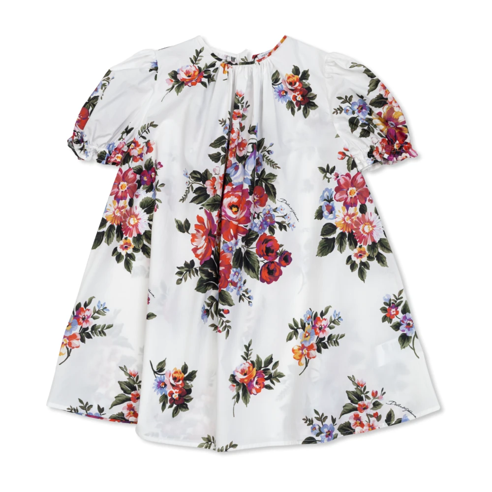 Dolce & Gabbana White Dresses, Unisex, 2 Y, Flower Bouquet Print Cotton Dress