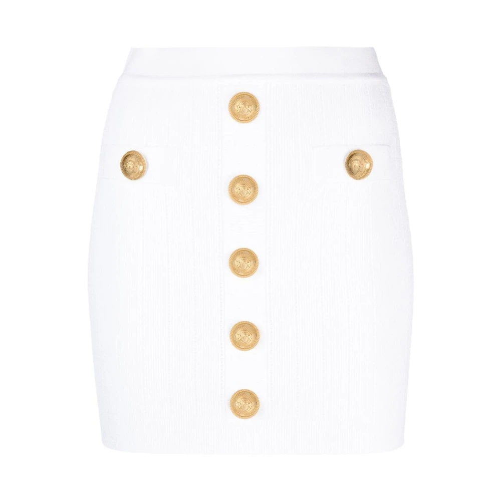 Balmain Vit Ribbstickad Kjol med Guldtonade Knappar White, Dam