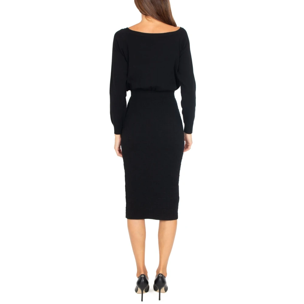Elisabetta Franchi Zwarte Gebreide Longuette Jurk met Jacquard Black Dames