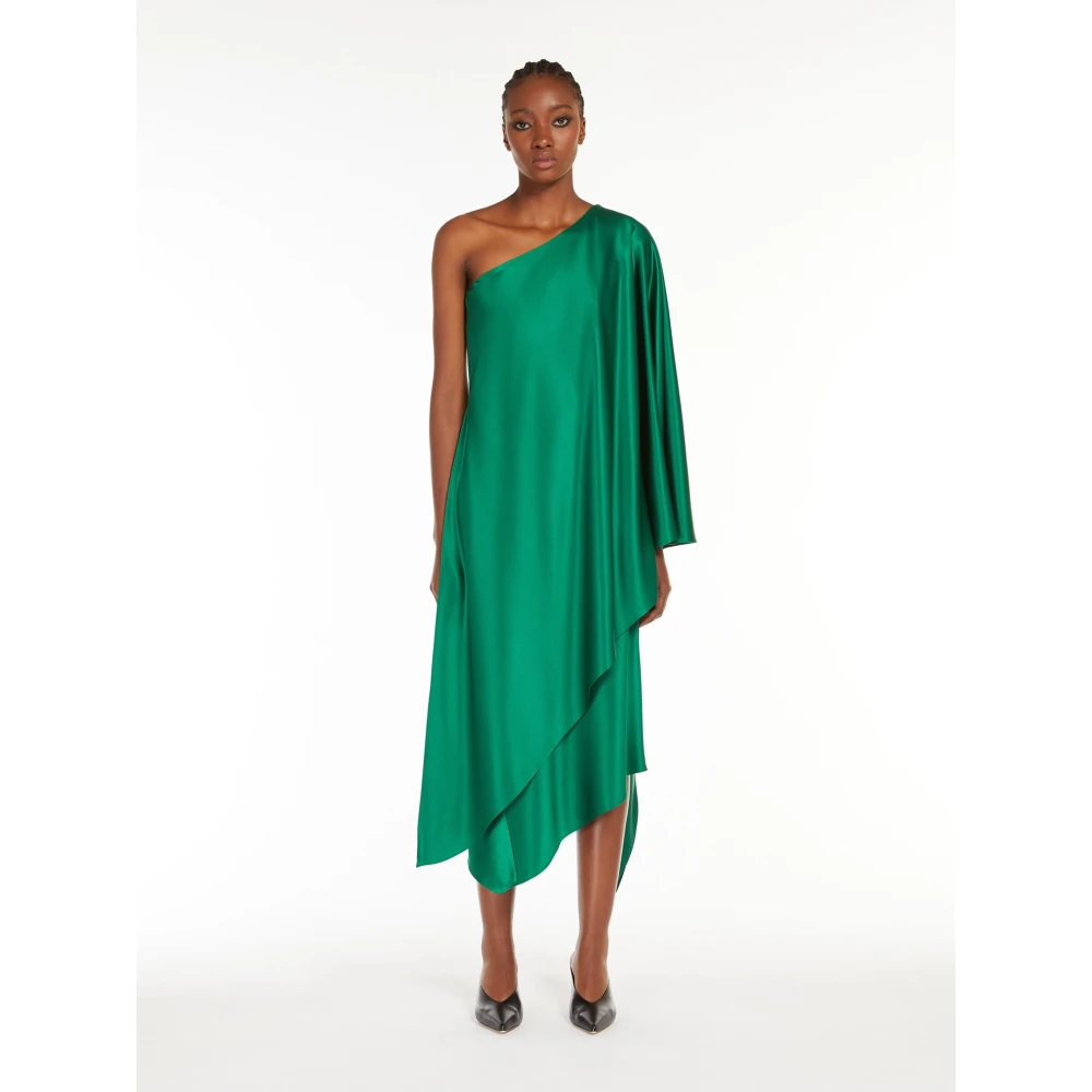 Max Mara Groene One Shoulder Midi Jurk met Mantel Detail Green Dames