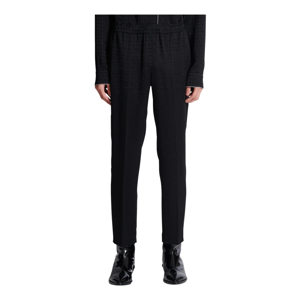 Balmain Satin monogram jacquard broek Black Heren