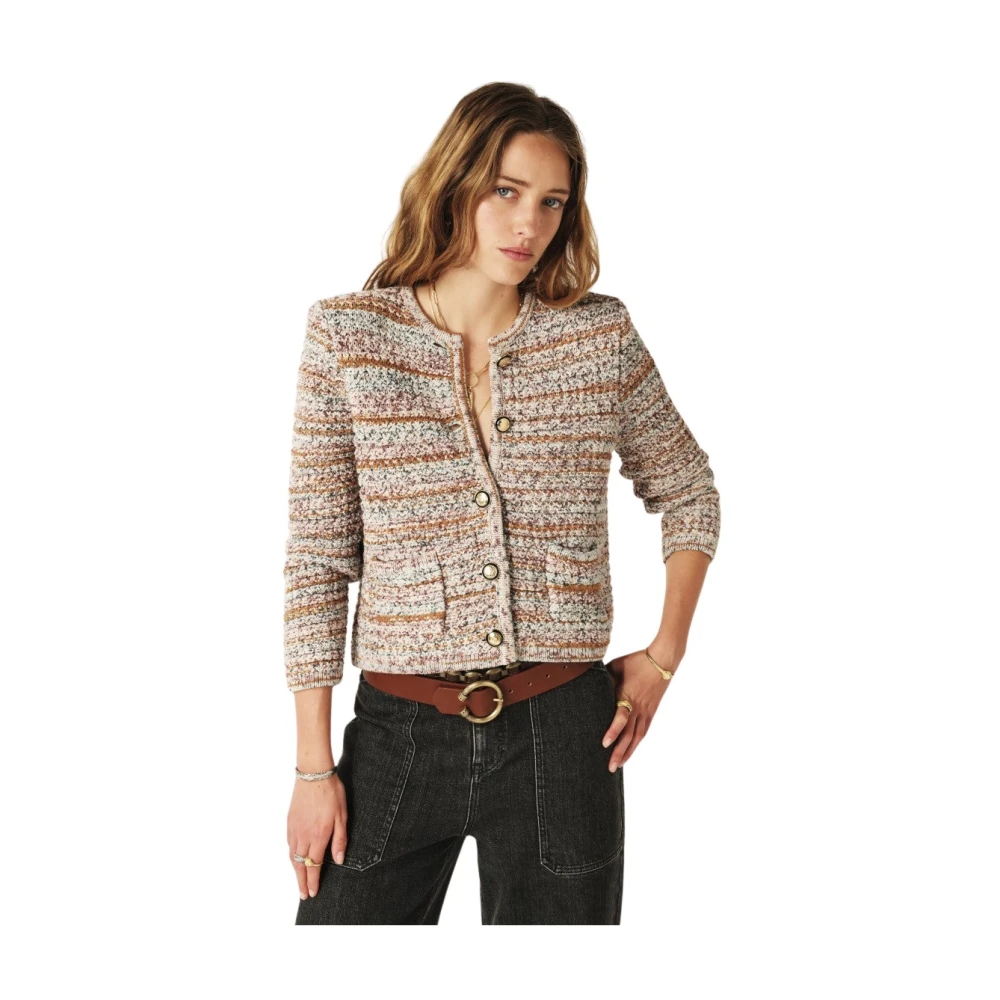 Beige Cropped Cardigan med Dekorative Knapper