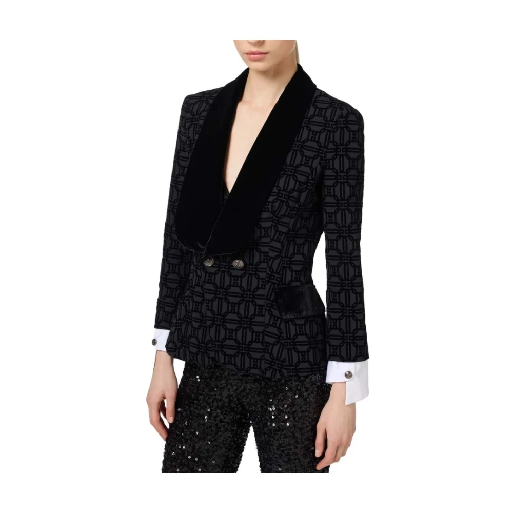 Elisabetta Franchi Flock Print Double-Breasted Jas Black Dames
