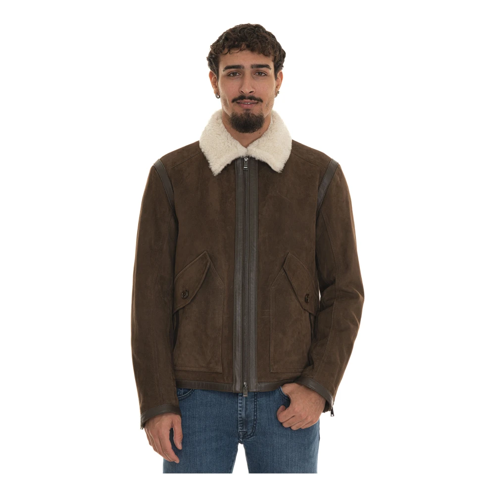 Boss Shearling jas met leren afwerking Brown Heren
