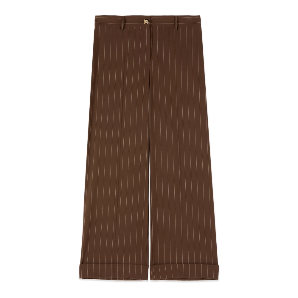 Oltre Donna Marrone - Pantaloni A Righe Gessate Corti In Misto Lino - Trousers - 2XL