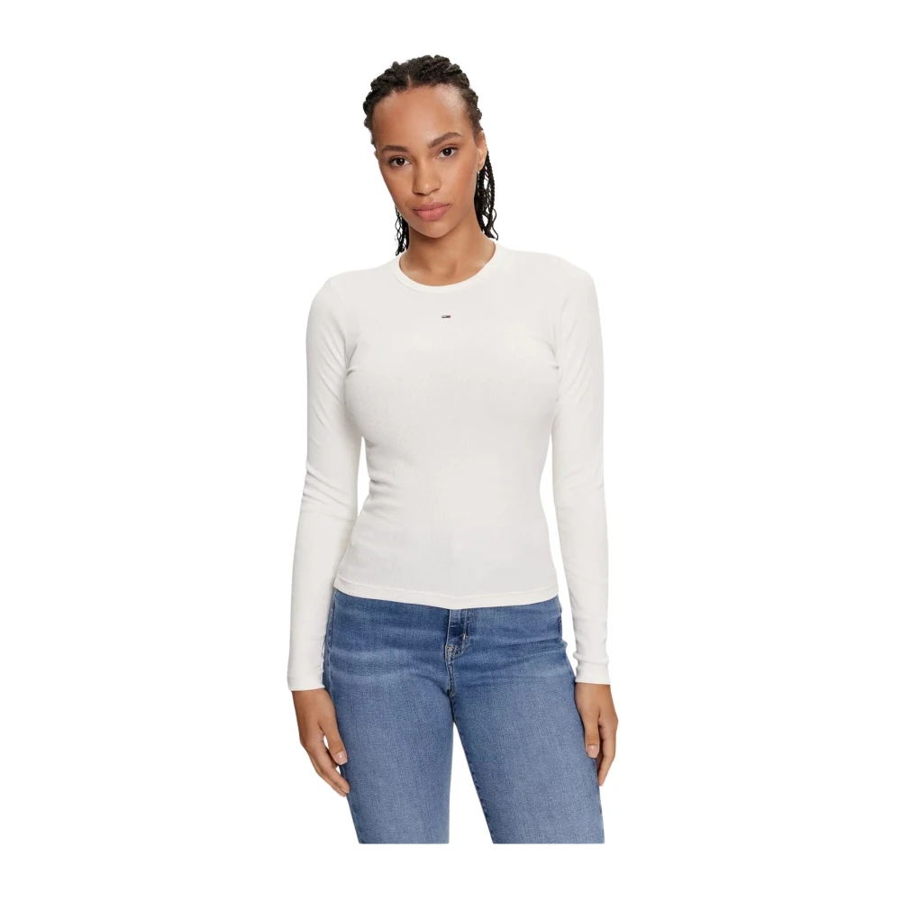 Tommy Jeans Geribbelde Stretch Katoenen Longsleeve T-shirt White Dames