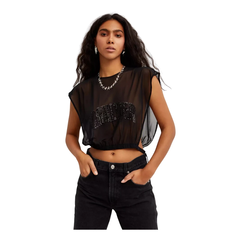 Jean Paul Gaultier Zwarte Doorschijnende Paillet Logo Top Black Dames