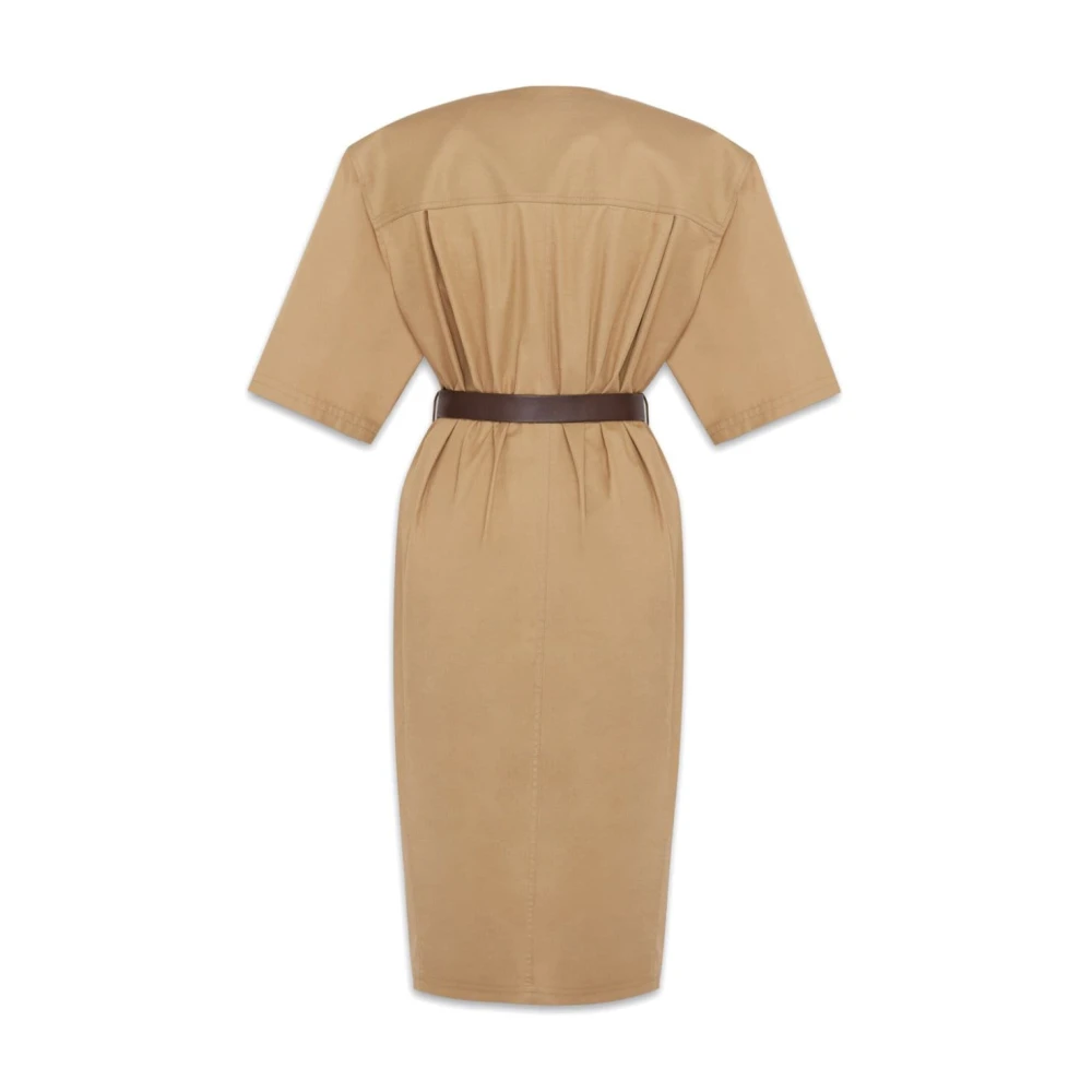 Saint Laurent Beige Katoenen Twill Jurk met Bruin Leren Riem Beige Dames