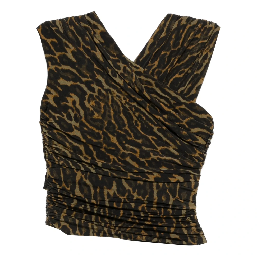 Ganni Women's Green Printed Shiny Jersey Sleeveless Ruched Blouse - Sleeveless Tops - S - Tops