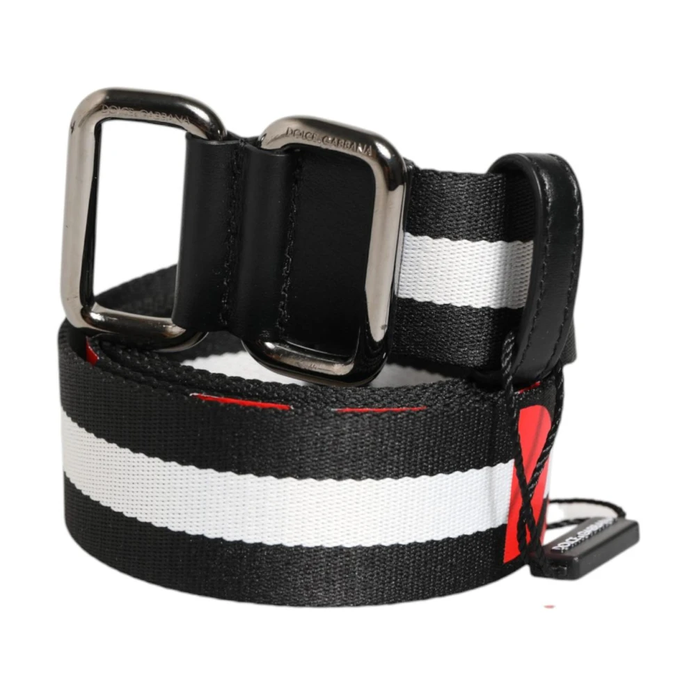 Dolce & Gabbana Men's Black Striped Logo Metal Buckle Belt