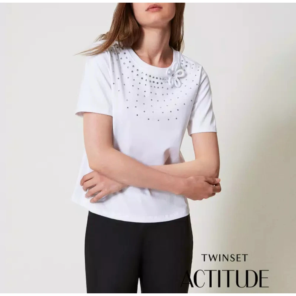 Twinset Reguliere T-shirt met Strass en Bloem White Dames