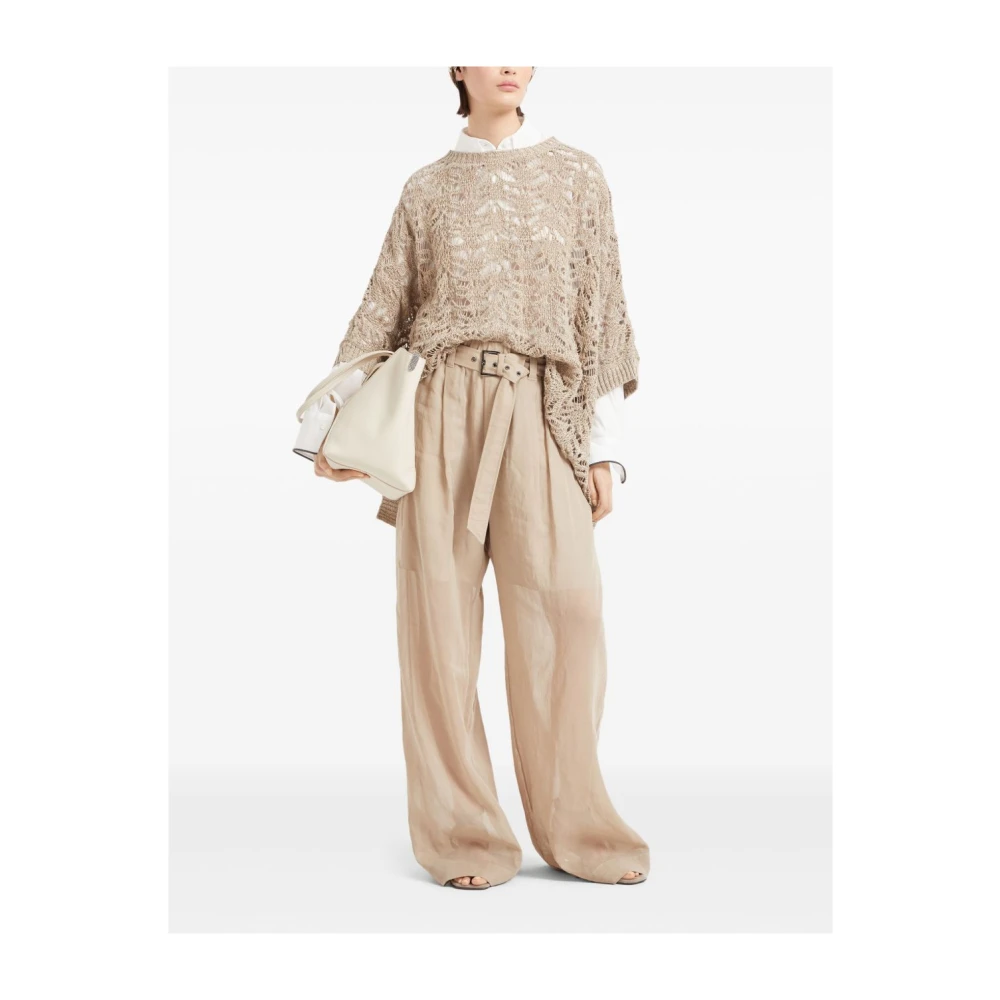 BRUNELLO CUCINELLI Beige Pailletten Gebreide Poncho Trui Beige Dames