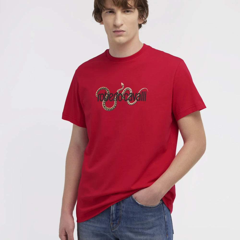 Roberto Cavalli Logo T-shirt Ronde Hals Korte Mouwen Red Heren