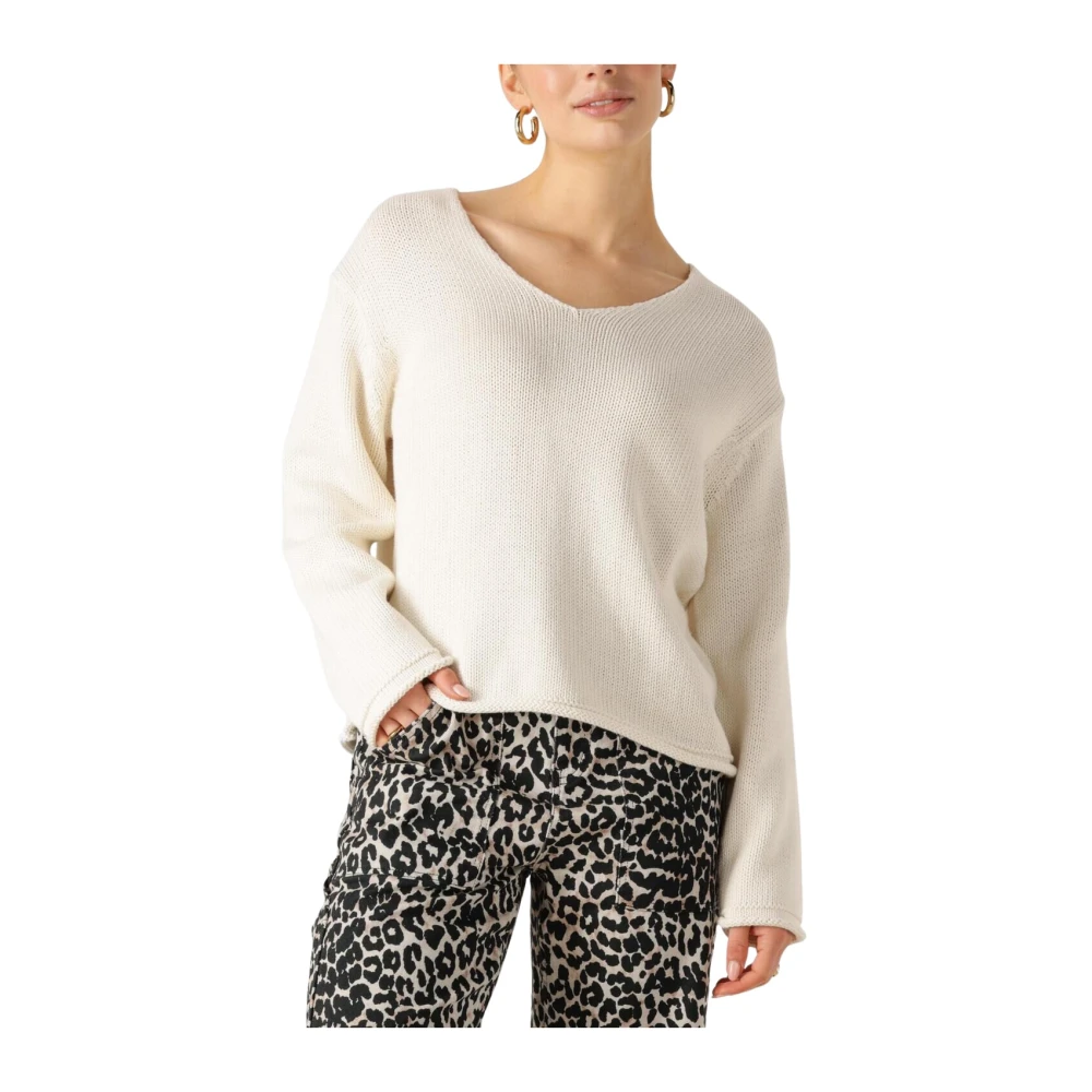 MOS MOSH Witte V-hals Gebreide Trui Beige Dames