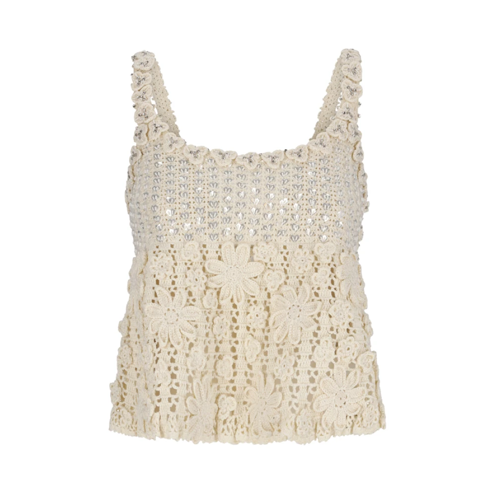 Celine Vrouw Wit Tops Dames, S, Geborduurde Bloemen Crop Top