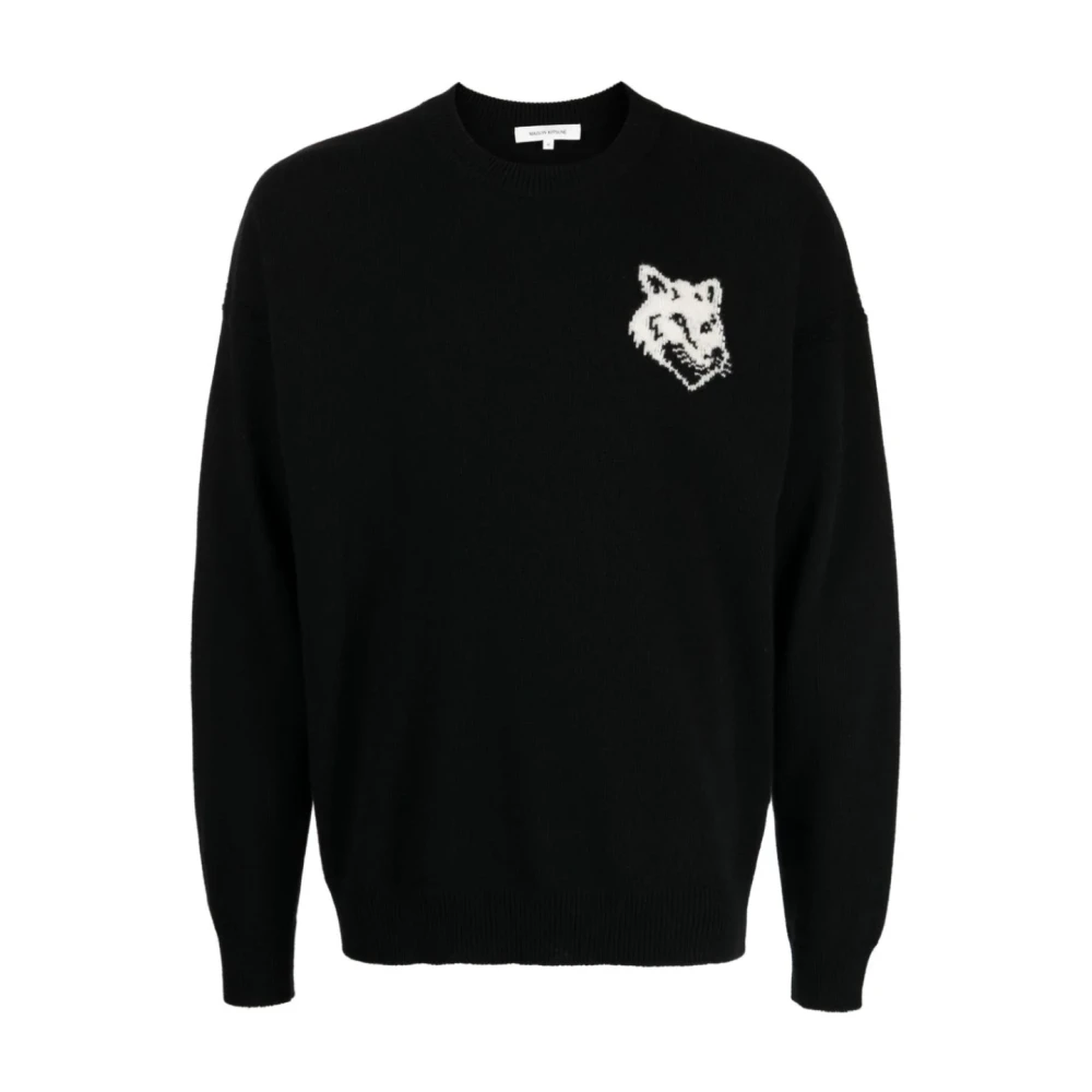 Maison Kitsuné Men's Black Sweatshirts, L, Fox Head Intarsia Logo Jumper