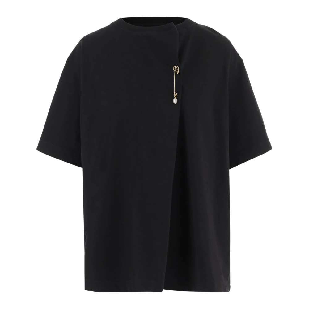 Carven Women's Black T-Shirts, Xs, Cotton T-Shirt With Decorative Brooch