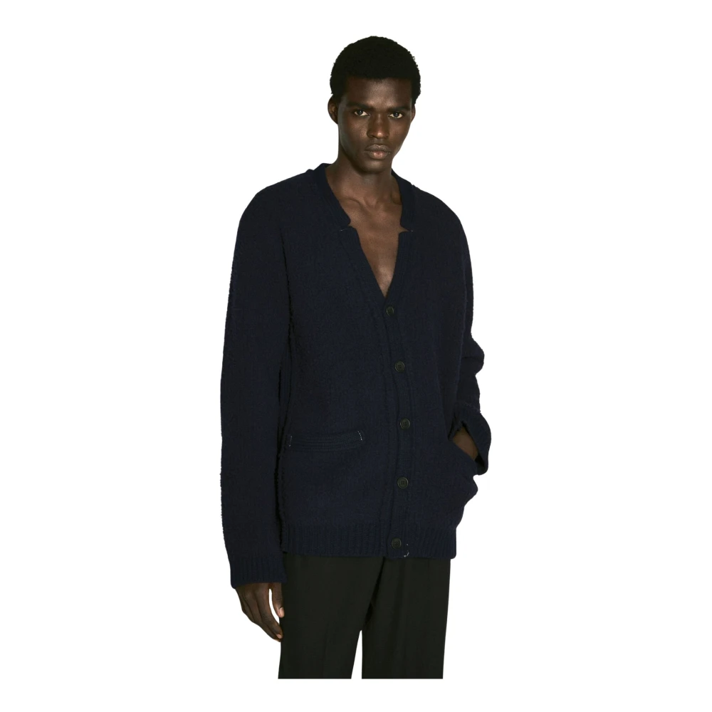 Yohji Yamamoto Mysig Ullblandad Stickad Kofta Blue, Herr