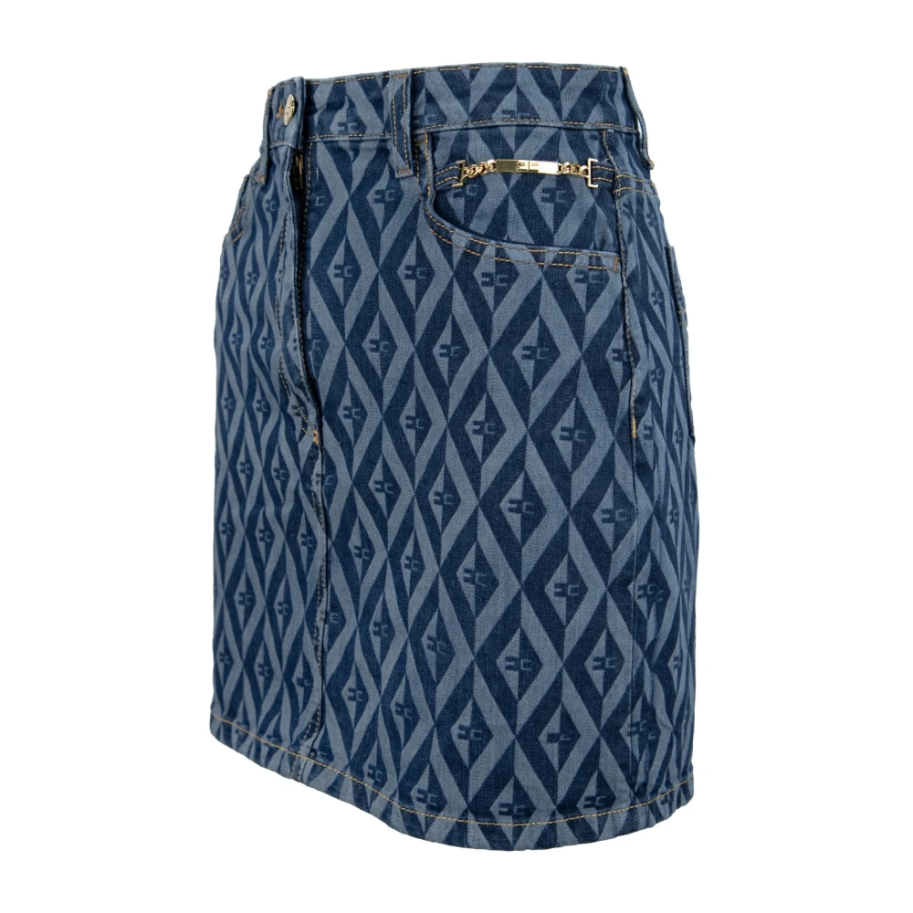 Elisabetta Franchi Denim Rok met Logo Detail en Zakken Blue Dames