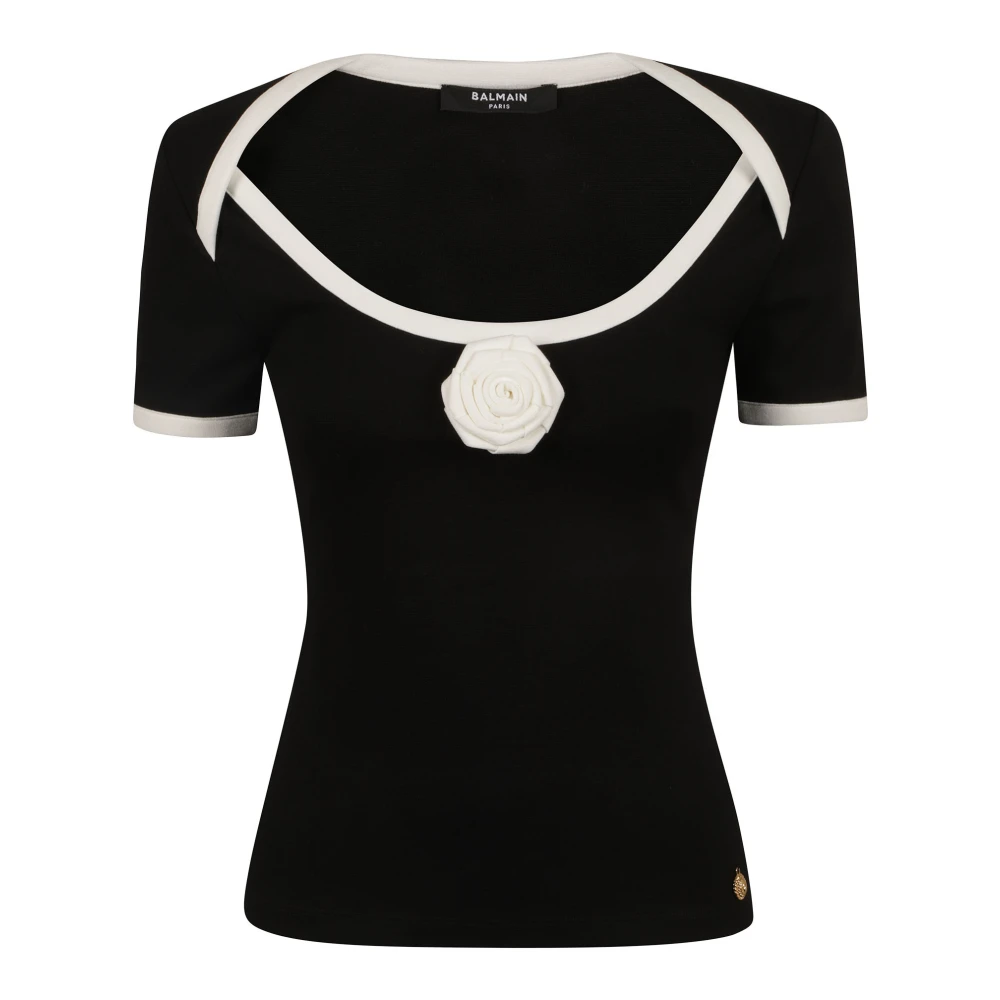 Balmain Rose Detail Open Collar T-Shirt Black Dames