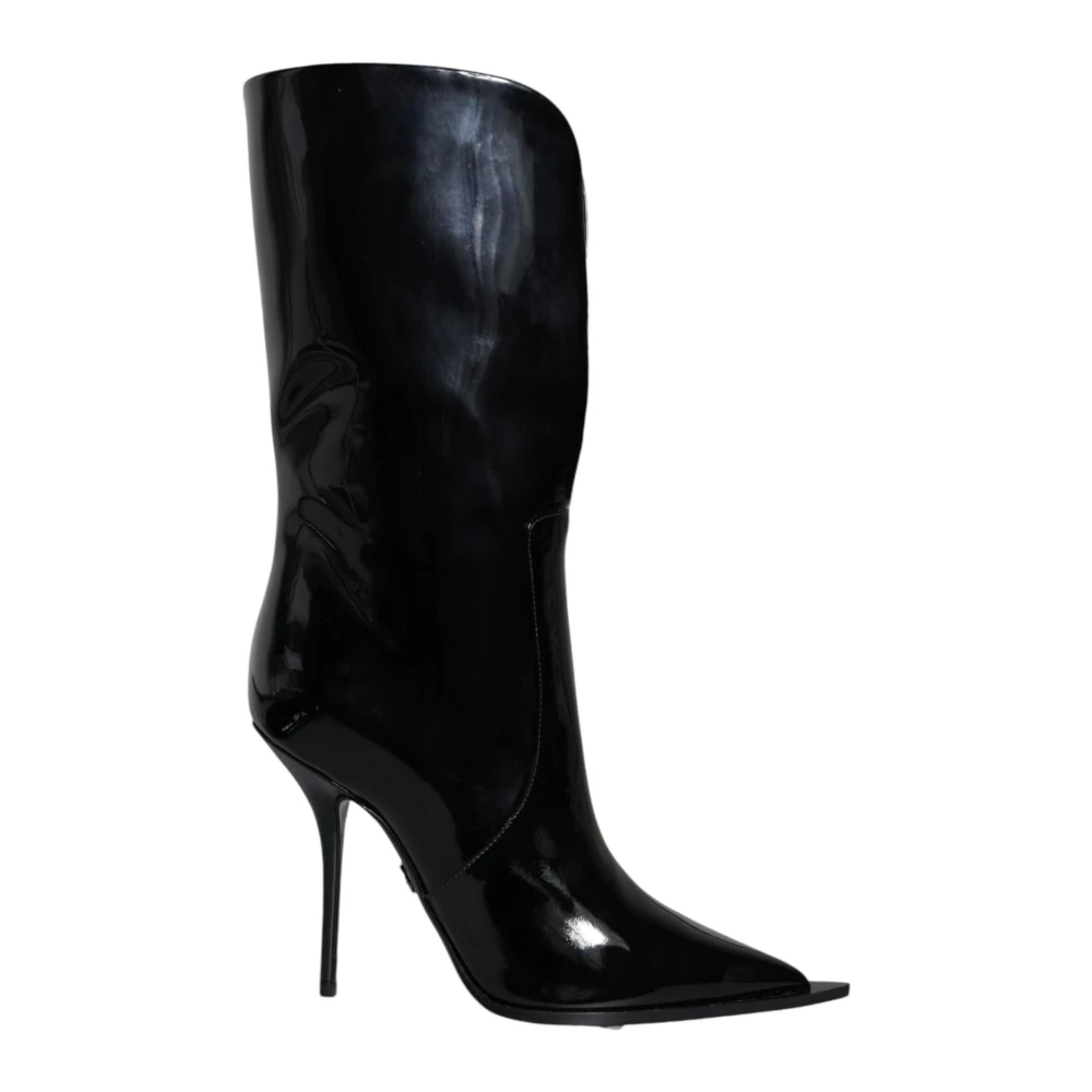 Dolce & Gabbana Women's Black Logo Detail Mid Calf Leather Boots