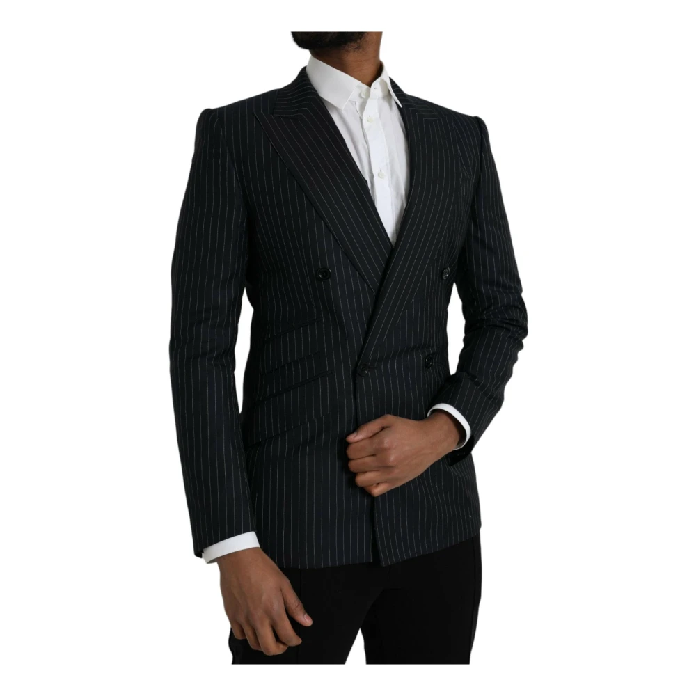 Dolce & Gabbana Zwart Gestreepte Double Breasted Coat Blazer Black Heren