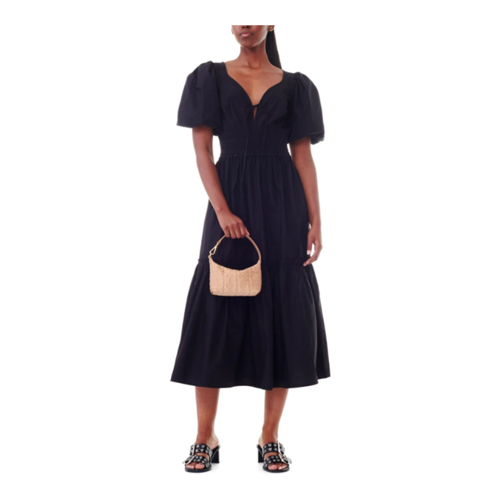 Ganni Zwarte Katoenen V-Hals Jurk Black Dames